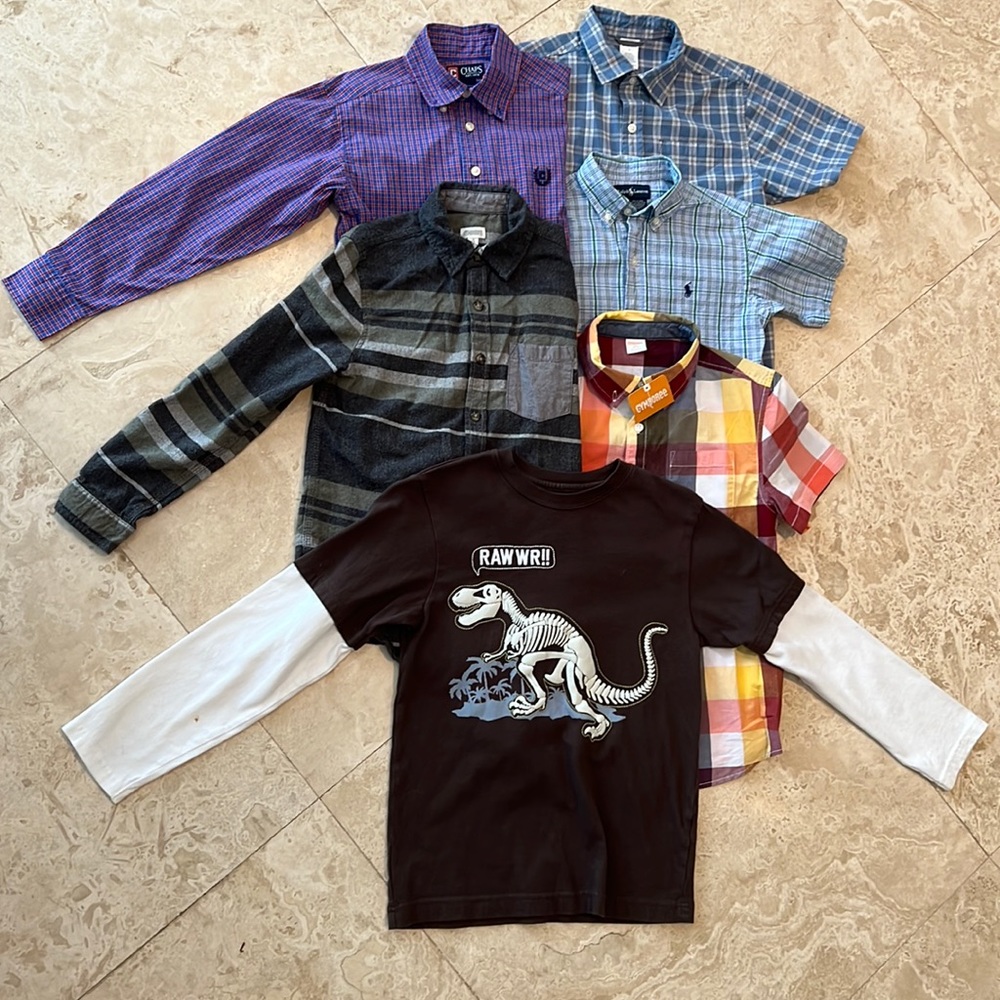 Collection of Long and short sleeve boys button-up shirts and one t-shirt